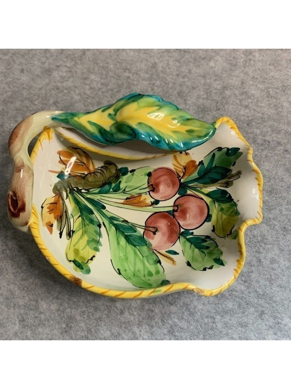 Vintage Handpainted Italy Leaf Trinket Dish Small Chip 7x5.5”.
